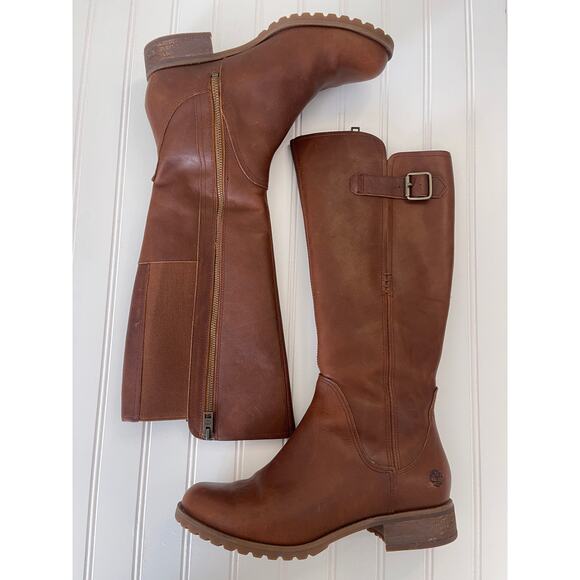 Timberland Banfield Boots Brown Leather Tall Riding Western Buckle Womens 8.5 - Picture 2 of 13